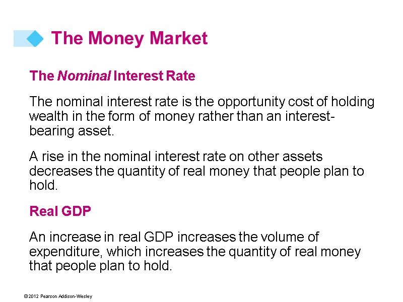 The Nominal Interest Rate  The nominal interest rate is the opportunity cost of